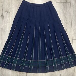 Vintage L.L. Bean Navy Blue Wool Plaid Tartan Pleated Midi Skirt size Small